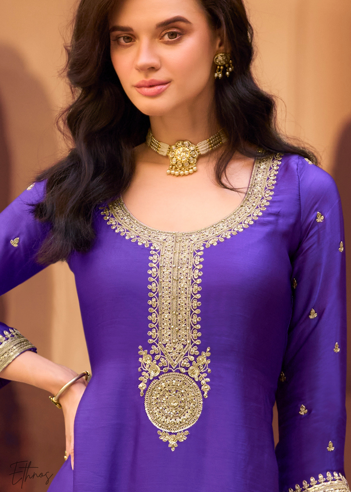 Amethyst Purple Chinon Silk Sharara Suit