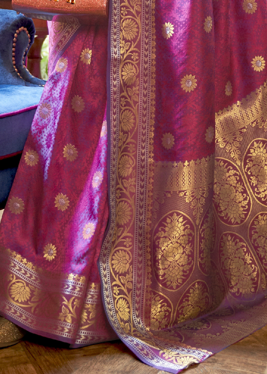 Fandango Purple Kanjivaram Silk Saree Woven with Silver & Golden Zari