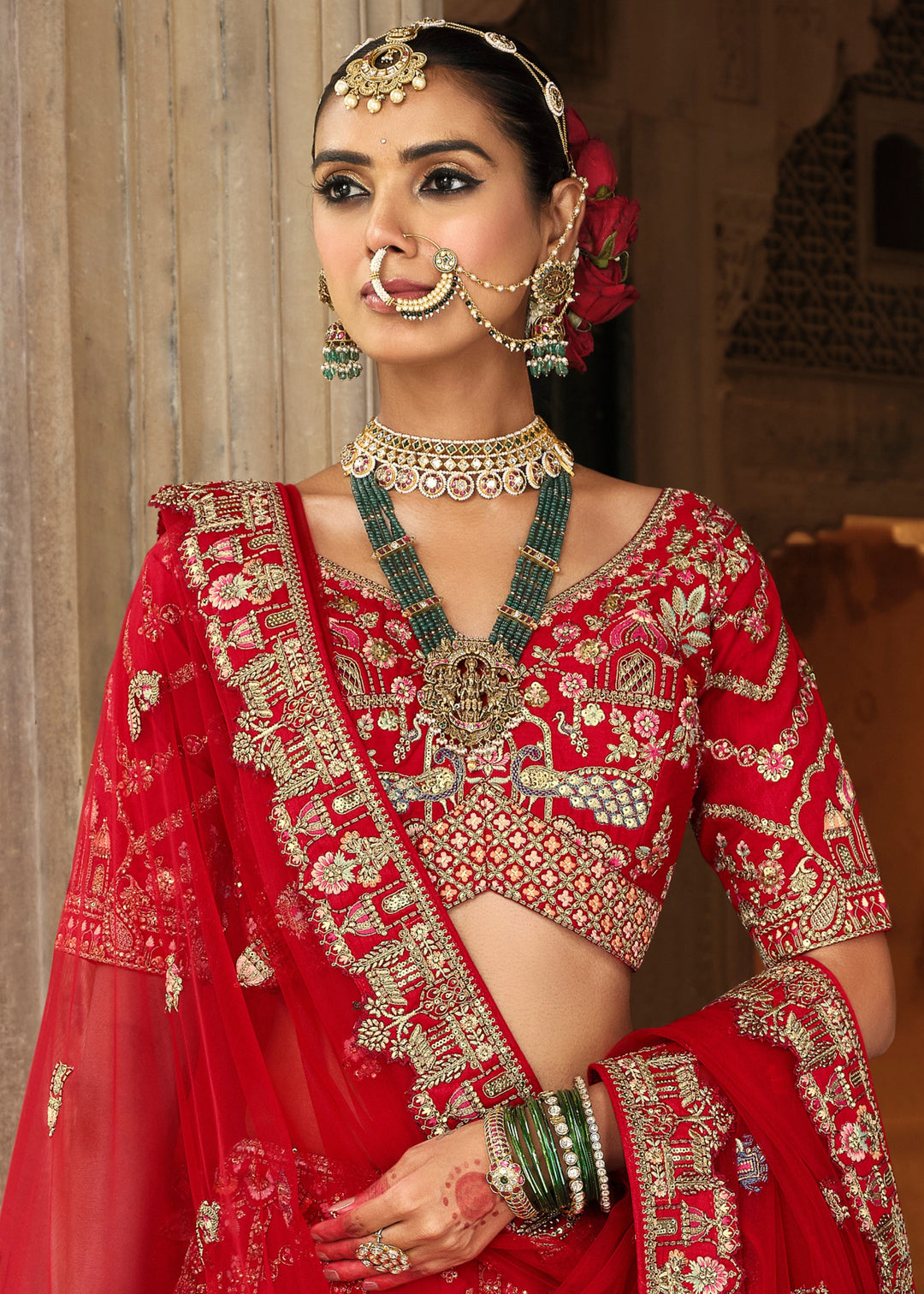 Crimson Red Heavy Bridal Silk Lehenga With Khatli And Embroidery Work