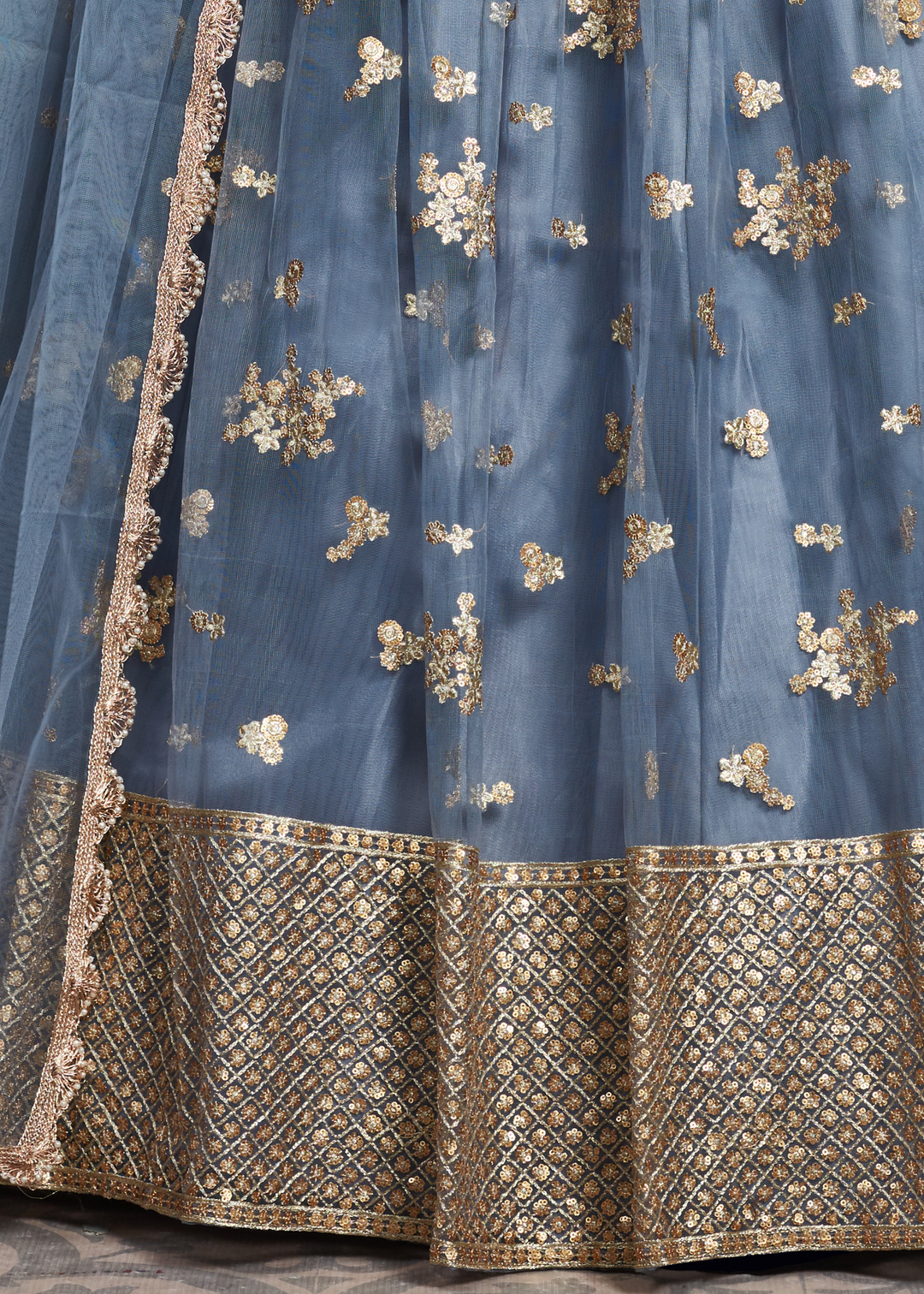Pewter Grey Designer Soft Net Lehenga Choli with Sequins & Zari work