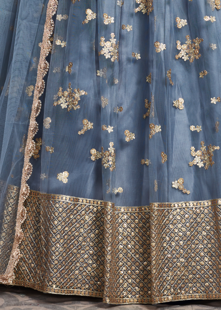 Pewter Grey Designer Soft Net Lehenga Choli with Sequins & Zari work