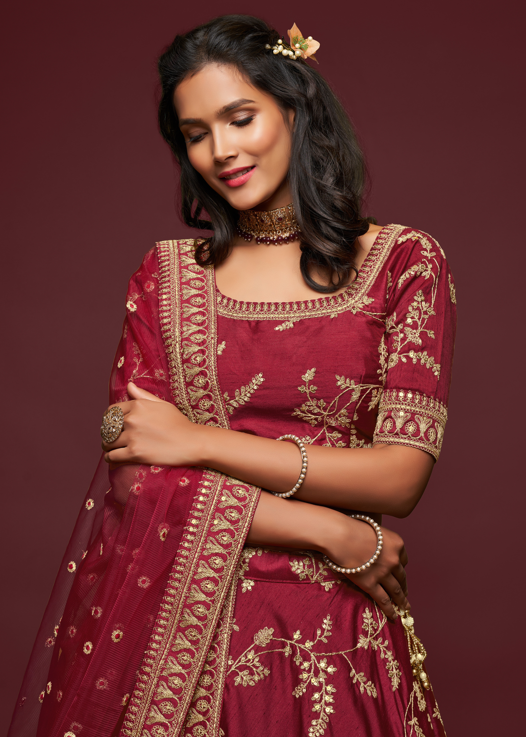 Barn Red Silk Lehenga Choli with Thread,Zari,Dori & Sequins work