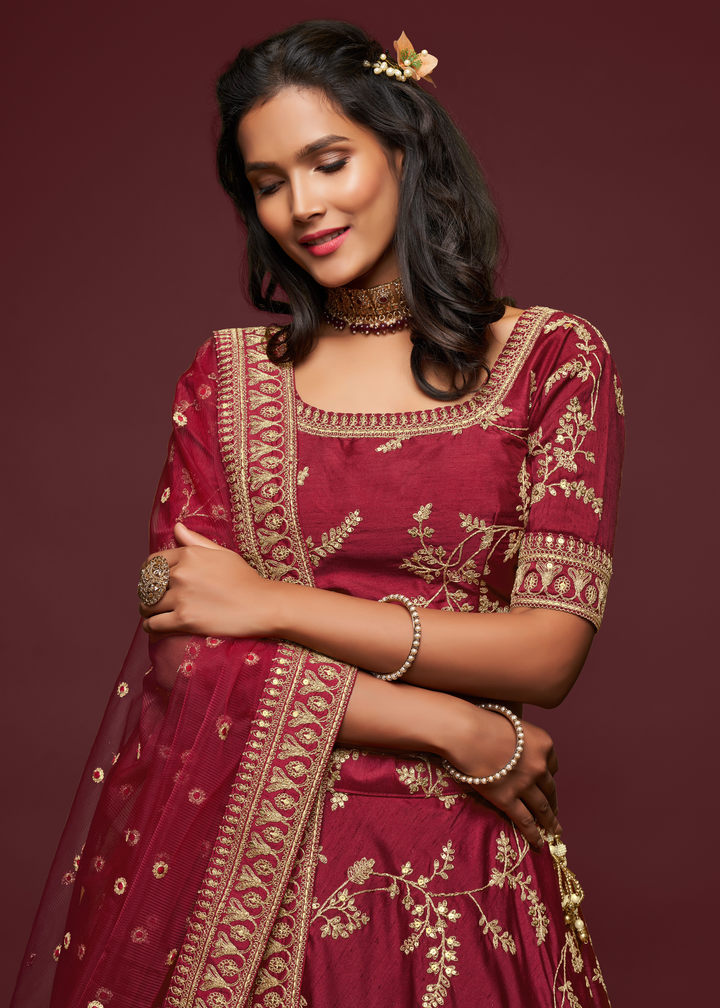 Barn Red Silk Lehenga Choli with Thread,Zari,Dori & Sequins work