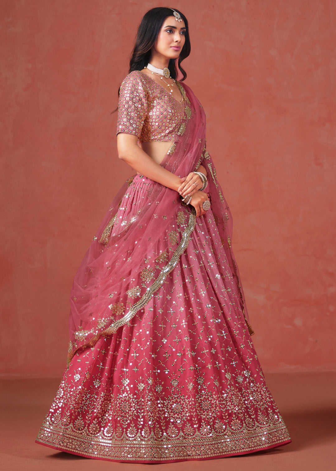Peach Sequins Zari Embroidered Work Georgette Lehenga