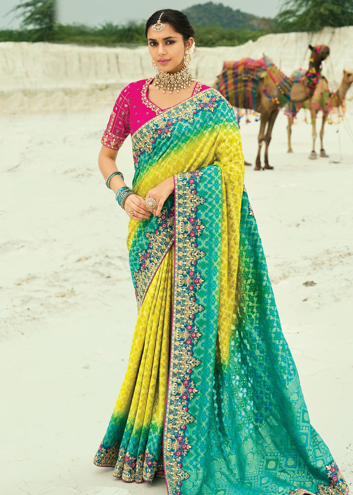 Turquoise Blue & Yellow Georgette Bandhej Saree With Moti & Cut-Dana Handwork Border