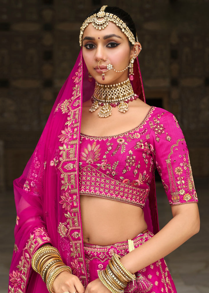 Bright Pink Heavy Bridal Silk Lehenga With Khatli And Embroidery Work