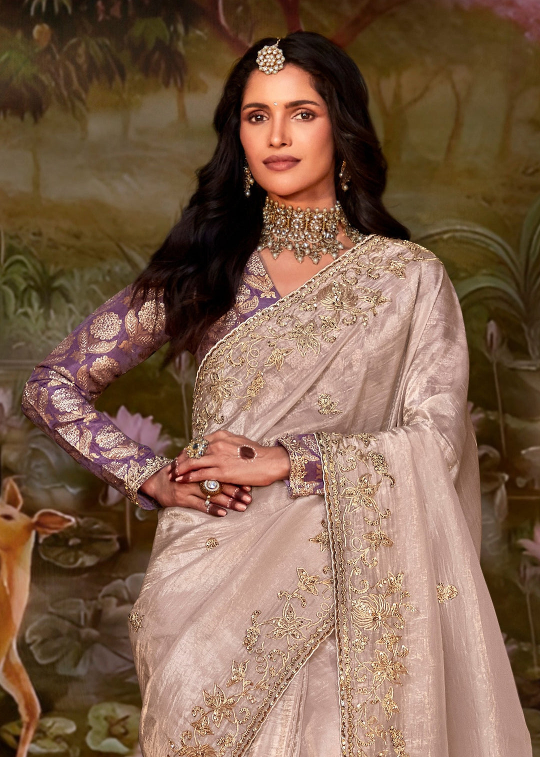 Purple And Cream Saree With Embroidery And Handwork Designer Cut Border