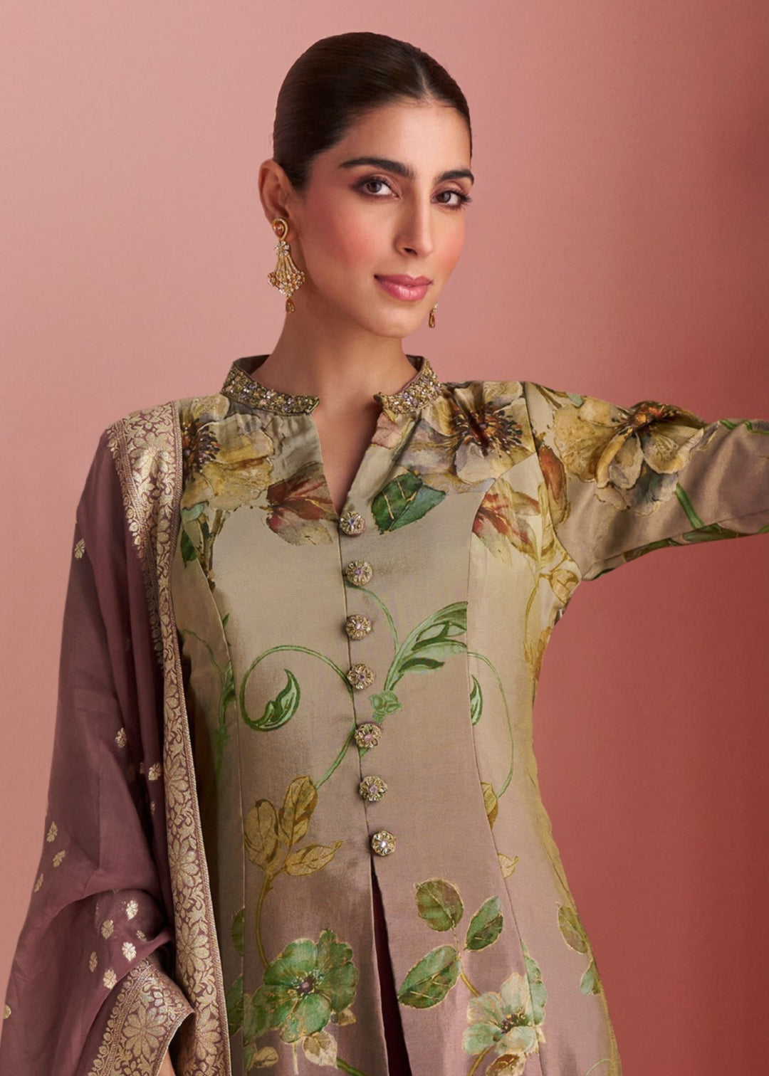 Olive Green Salwar Suit with Multi-Colored Floral Print