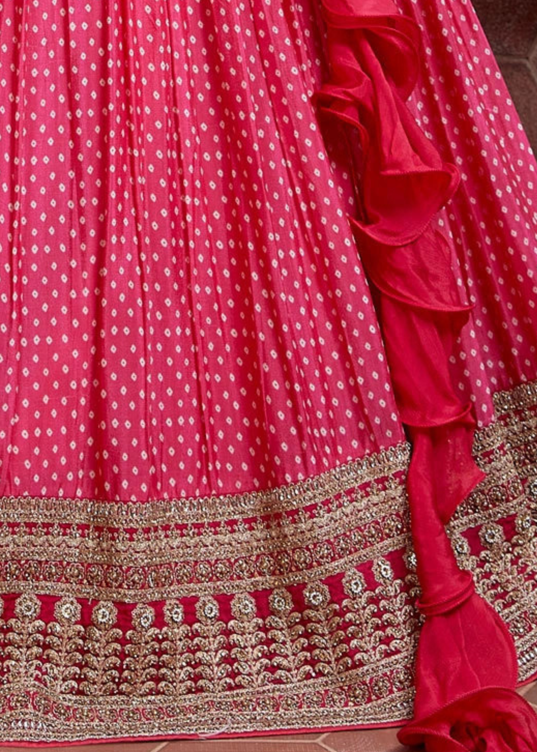 Azalea Pink Bandhani Printed Chinon Silk Lehenga Choli with Heavy Embroidery work
