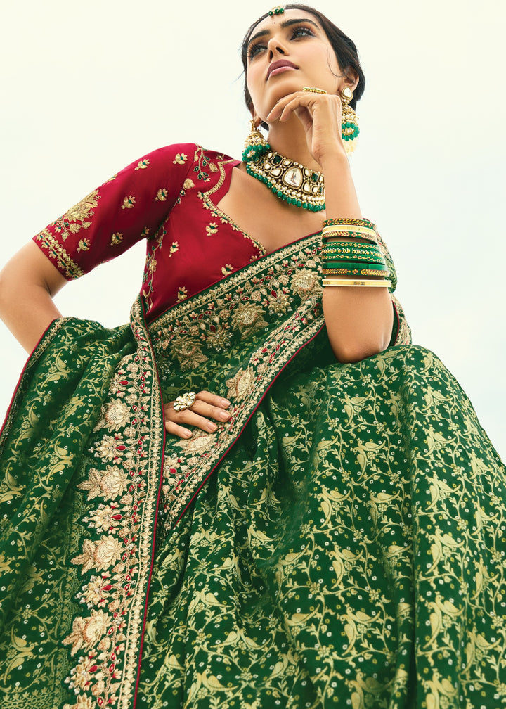 Forest Green Georgette Bandhej Saree With Moti & Cut-Dana Handwork Border