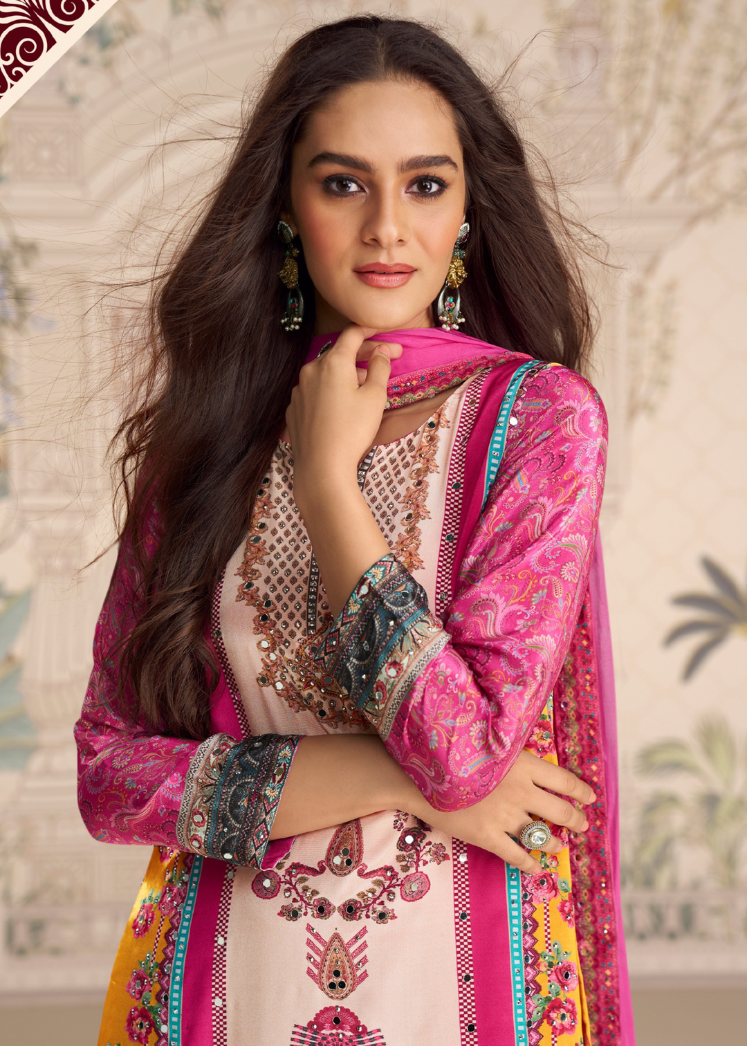 Bright Fuchsia Pink Crep Silk Sharara Suit