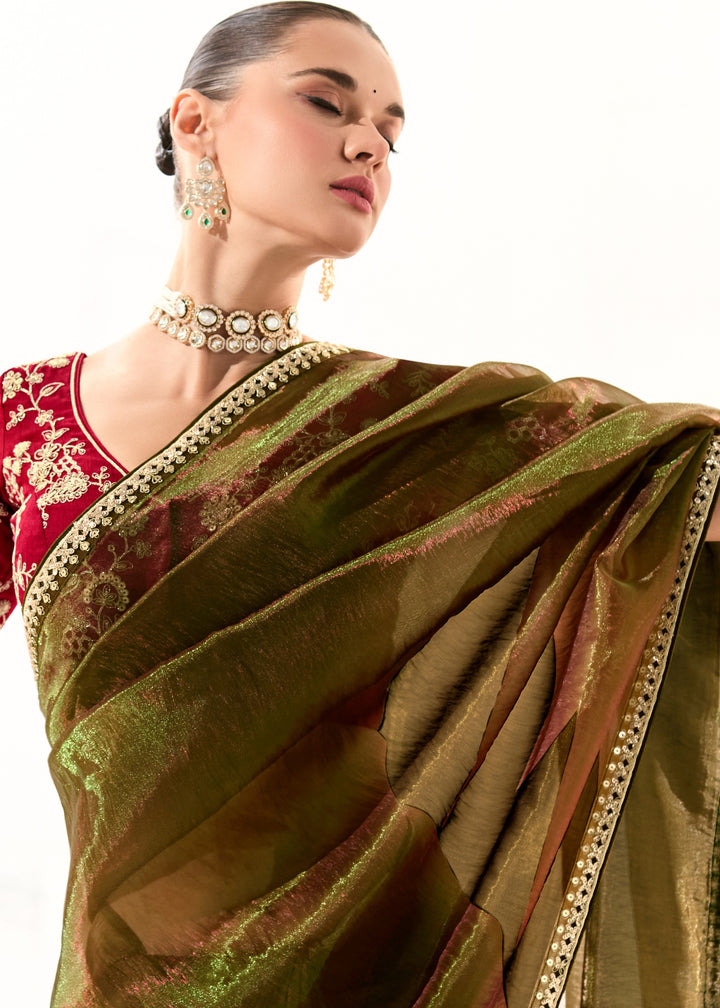 Army Green Organza Tissue Silk Saree With Heavy Work Border And Designer Blouse