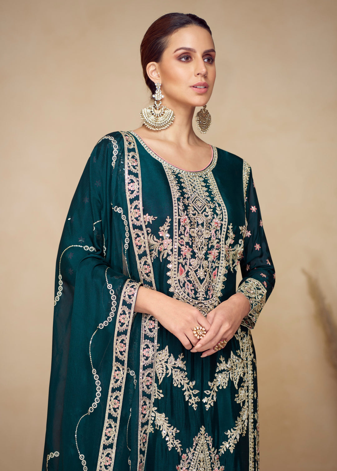 Prussian Green Chinon Palazzo Silk Suit With Beautiful Embroidery Work