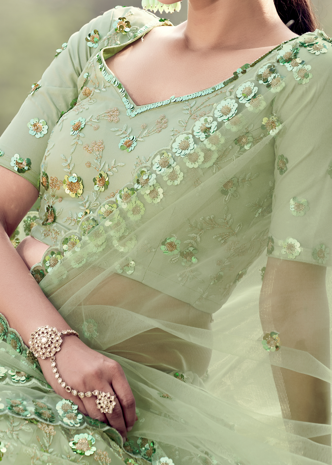 Mint Green Designer Soft Net Lehenga Choli with Sequins & Thread work