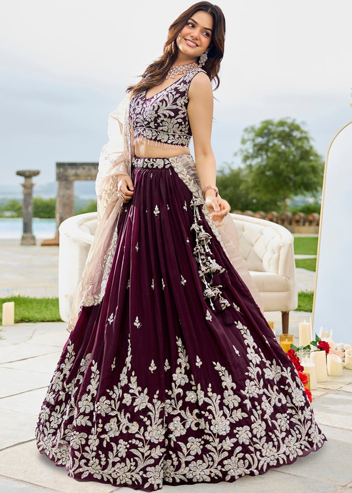 Wine Satin Silk Lehenga Choli with Beads & Sequince Embroidered