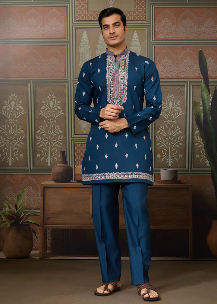 Teal Blue Mens Wear Koti Style with Silk Kurta and Pajama
