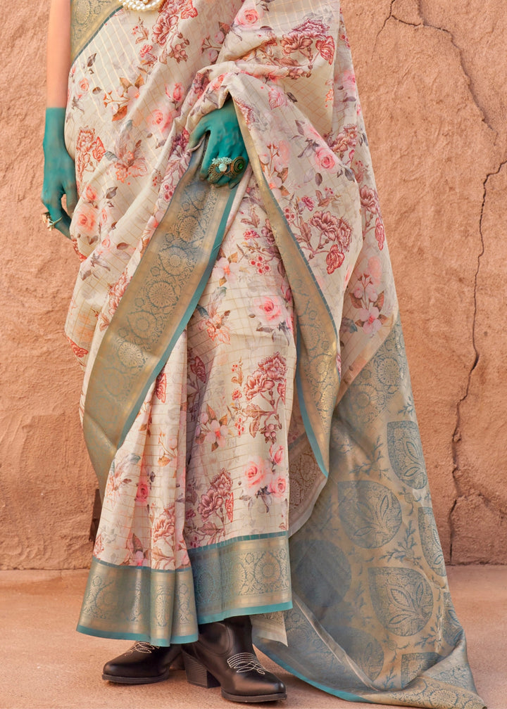 Green & Lavender Printed Georgette Saree