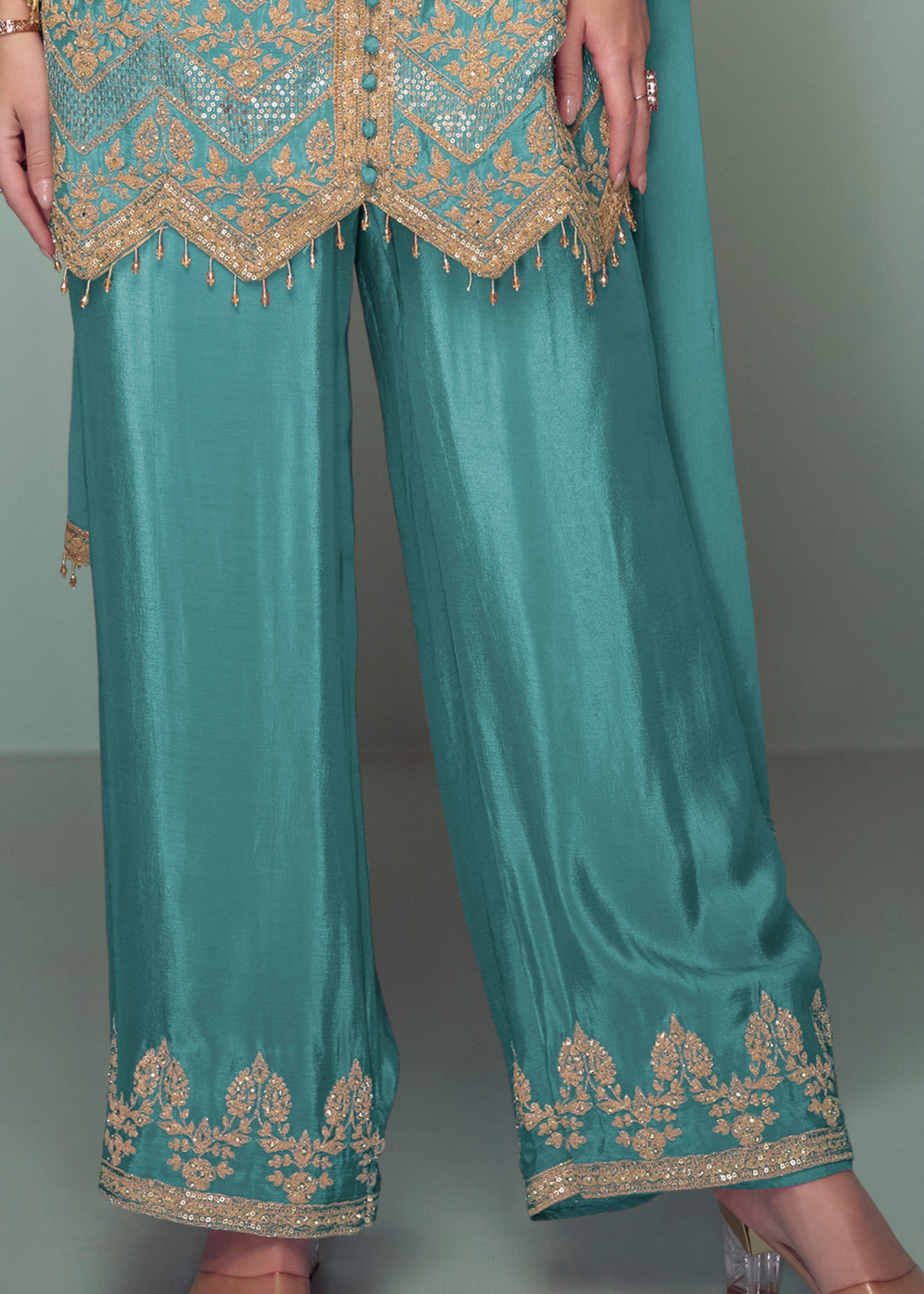 Sky Blue Chinnon Silk Plazo Suit With Thread Embroidery