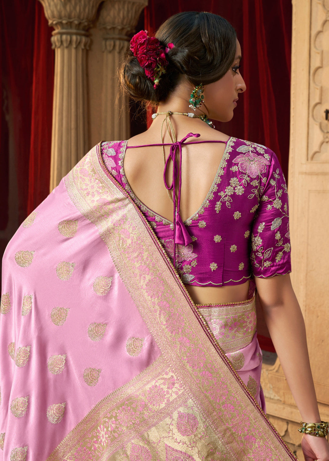 Neon Pink Satin Silk Saree With Beautiful Lace Border And Heavy Designer Embroidered Blouse