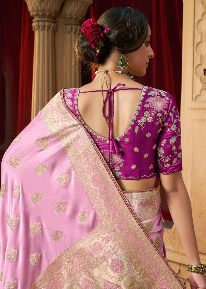 Neon Pink Satin Silk Saree With Beautiful Lace Border And Heavy Designer Embroidered Blouse