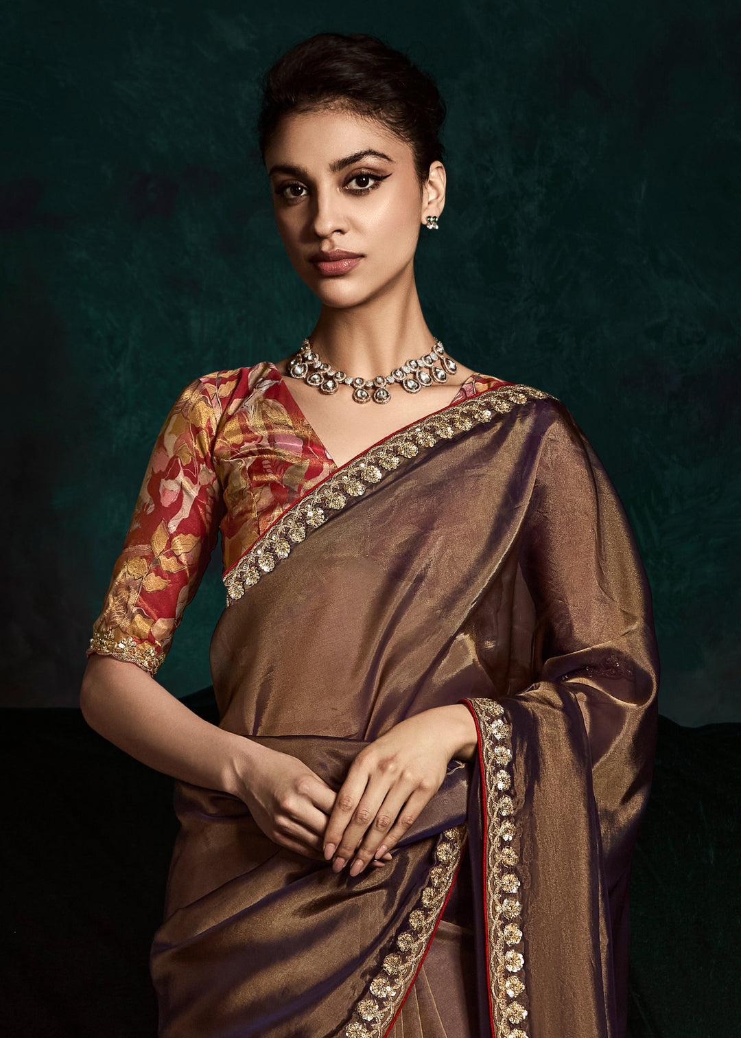 Mocha Brown Silk Saree With Sequins
