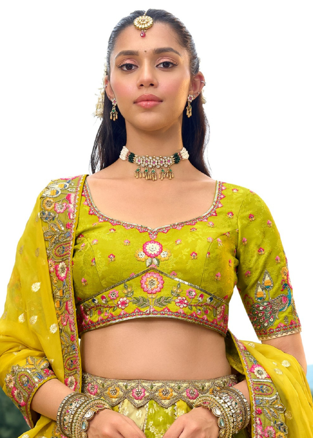 Lime Yellow And Green Silk Lehenga With Cut Work Border And Embroidery