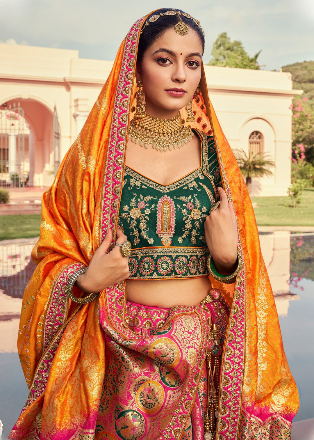 Tangerine Orange Banarasi Silk Lehenga With Golden zari work