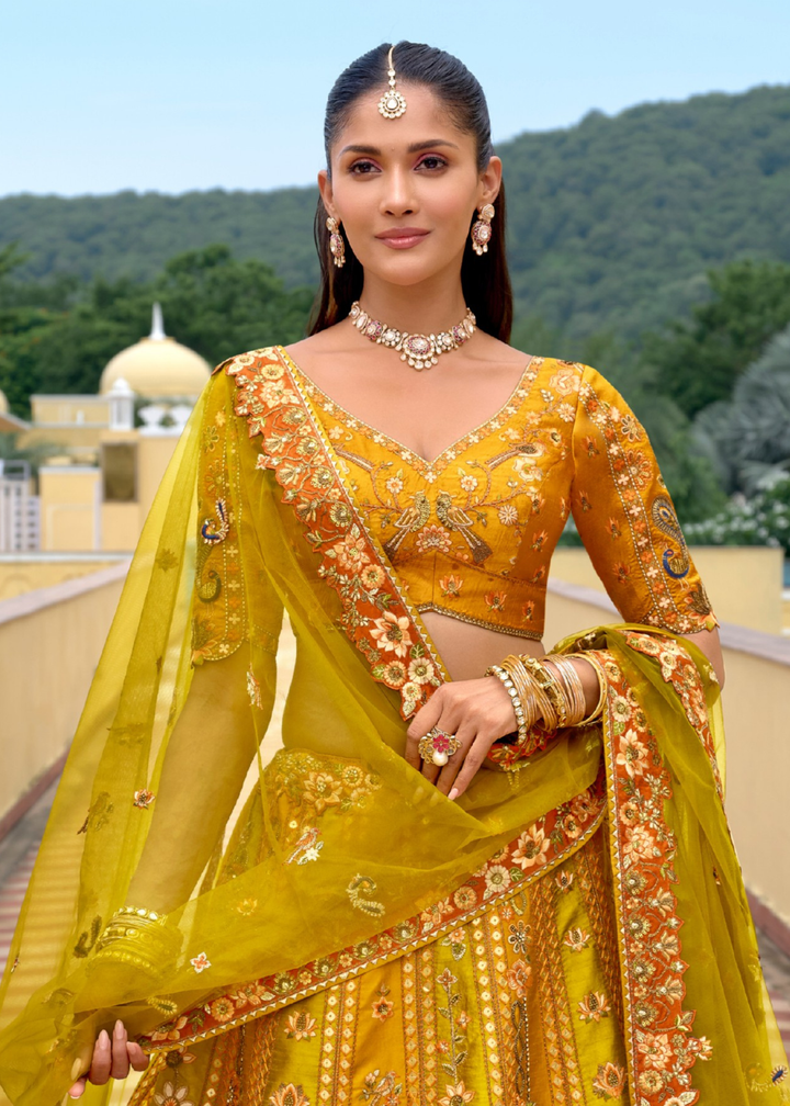 Marigold Yellow Silk Lehenga With Cut Work Border And Embroidery