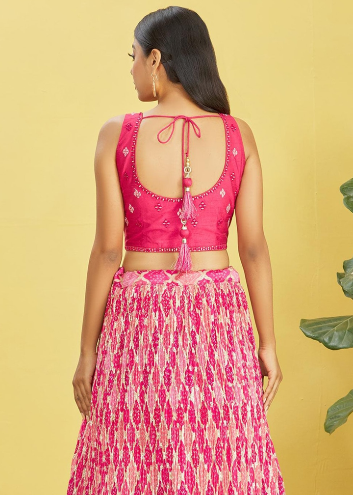 Hot Pink Digital Printed Chinnon Lehenga with Thread,Zari & Sequins Work