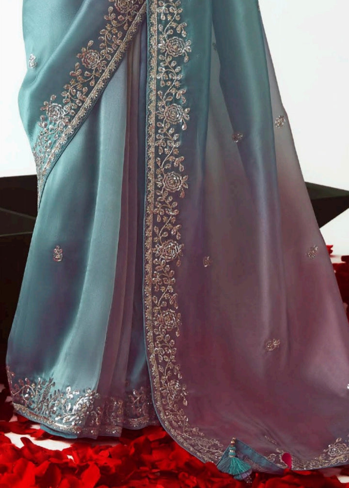 Turquoise Blue Fancy Fabric Silk Saree With Hand Embroidered Work And Cut Work Border