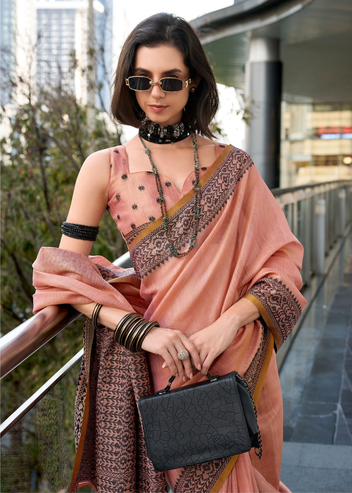 Peach Pink Linen Tissue Silk Saree