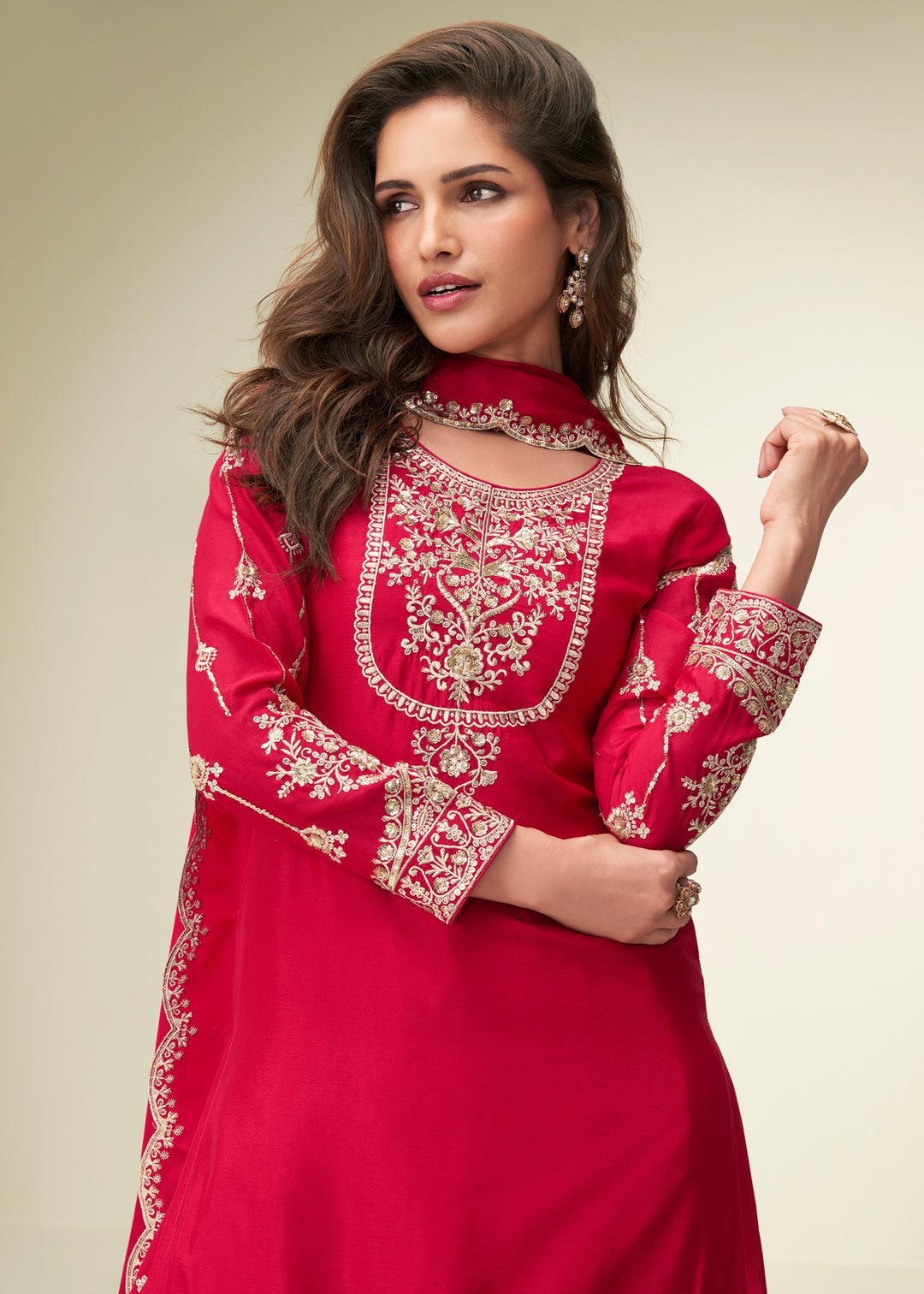 Bright Red With Golden Embroidery Chinnon Silk Salwar Suit