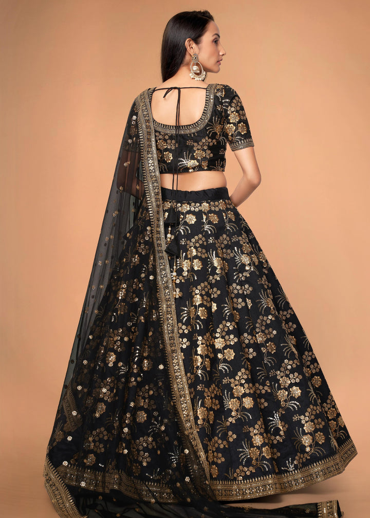Black Slub Silk Lehenga with Zari Sequins and Dori Embroidery Work