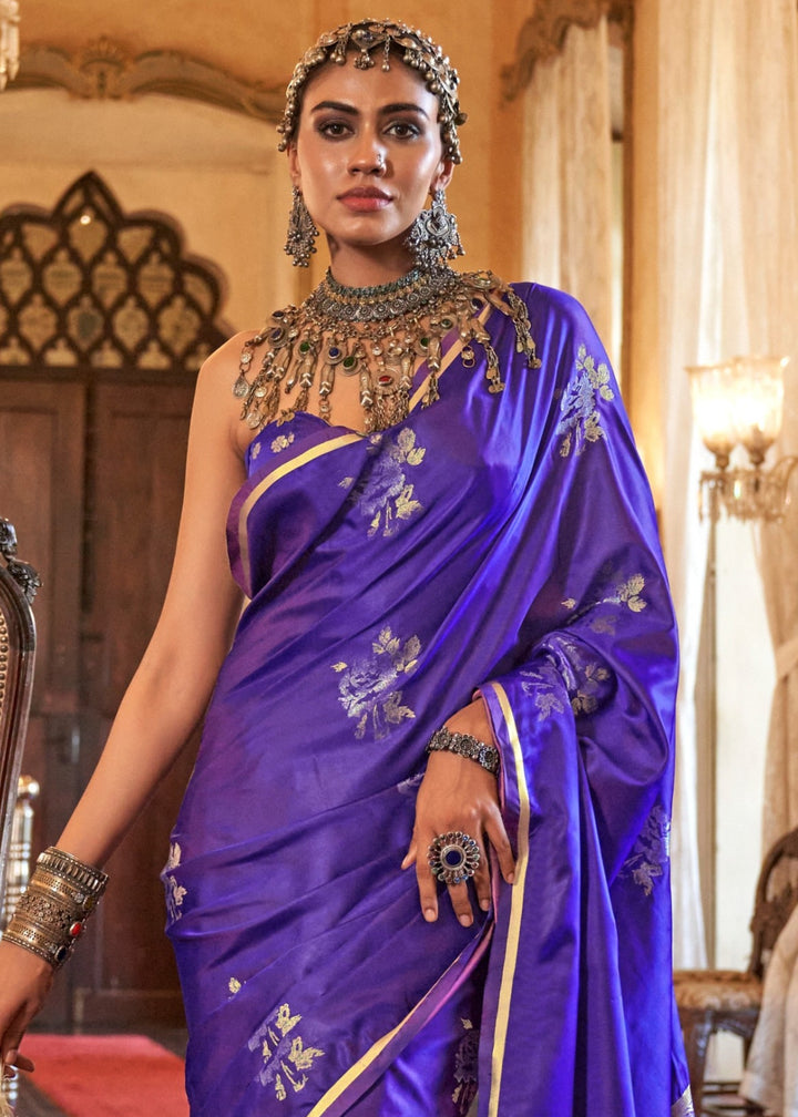 Lavender Pure Satin Handloom Weaving Silk Saree