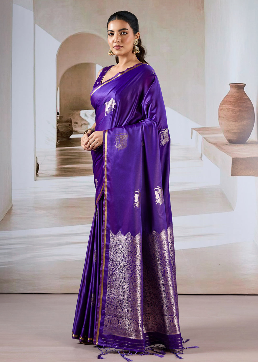 Purple Pure Satin Handloom Weaving Saree