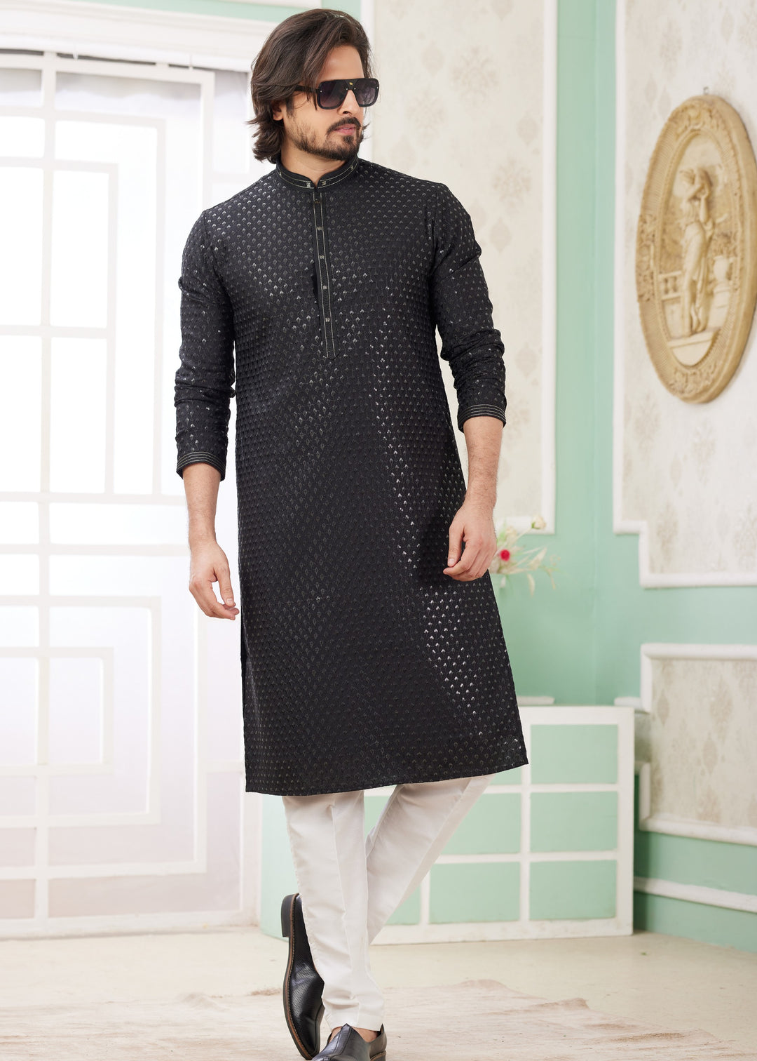 Black Silk Mens Kurta Set With Thread Embroidery Work