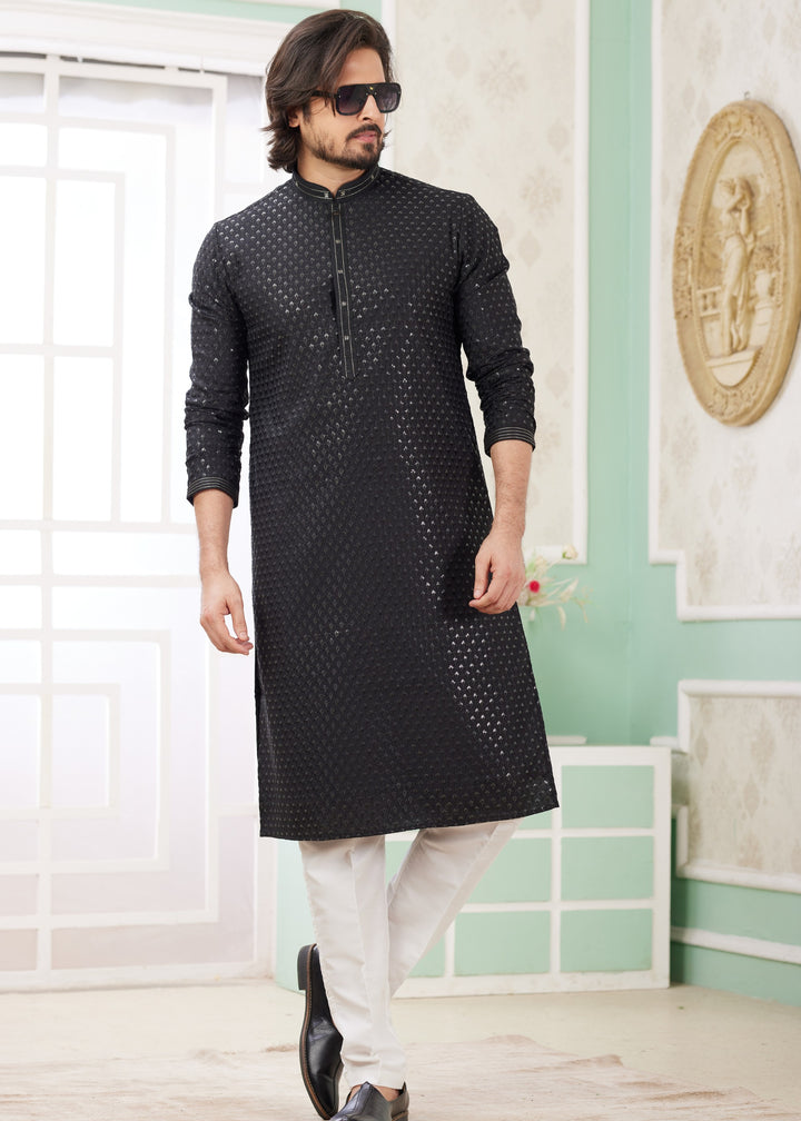 Black Silk Mens Kurta Set With Thread Embroidery Work