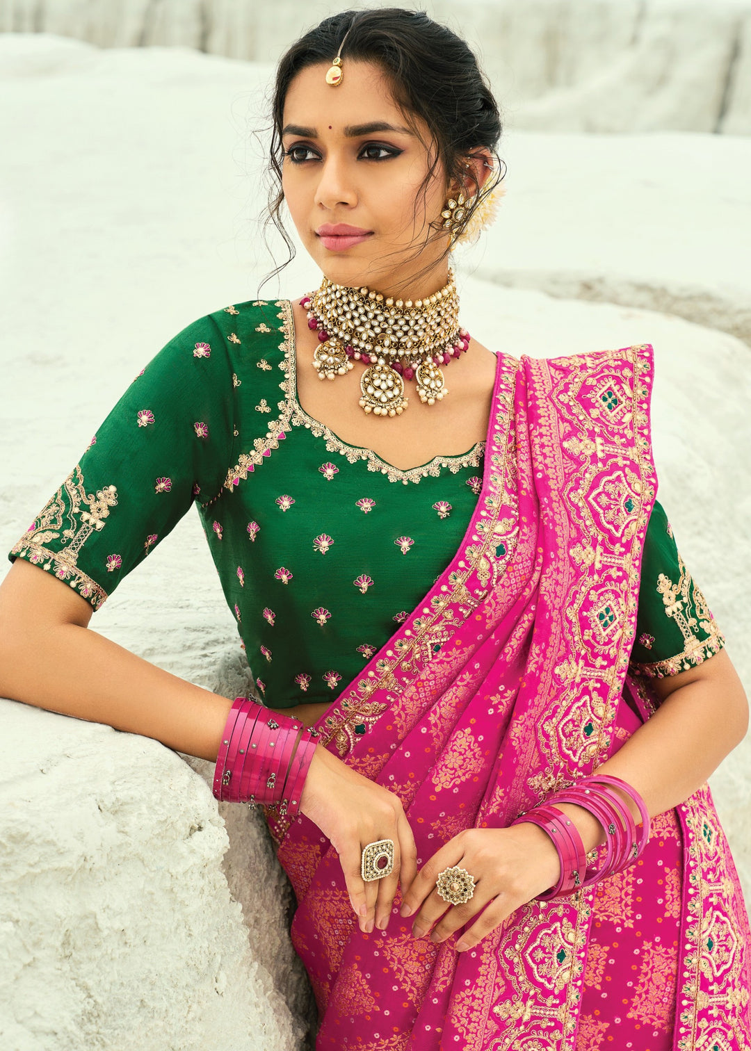 Hot Pink Georgette Bandhej Saree With Moti & Cut-Dana Handwork Border