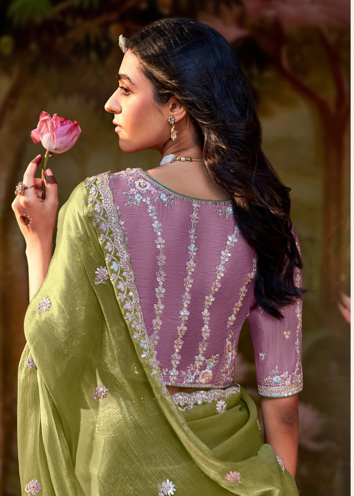 Lavender And Olive Green Saree With Embroidery And Handwork Designer Cut Border