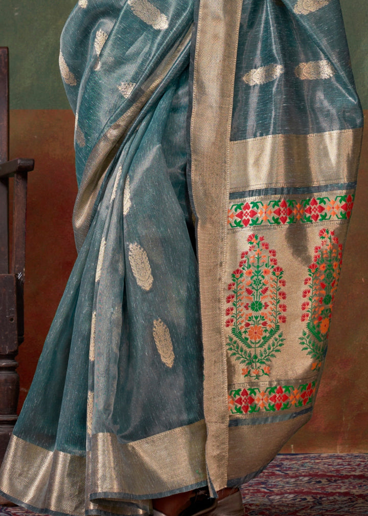 Persian Blue Paithani Tissue Silk Saree With Zari Work