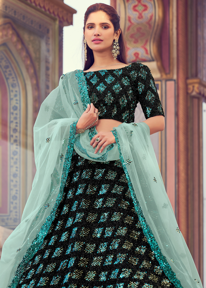 Black & Green Designer Lehenga Choli with Sequins work