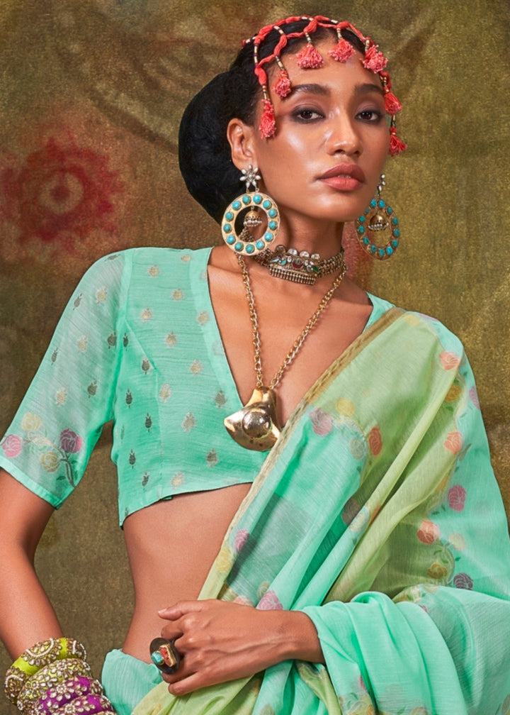 Aqua Blue And Green Cotton Silk Saree With Rangkaat Handloom Weaving