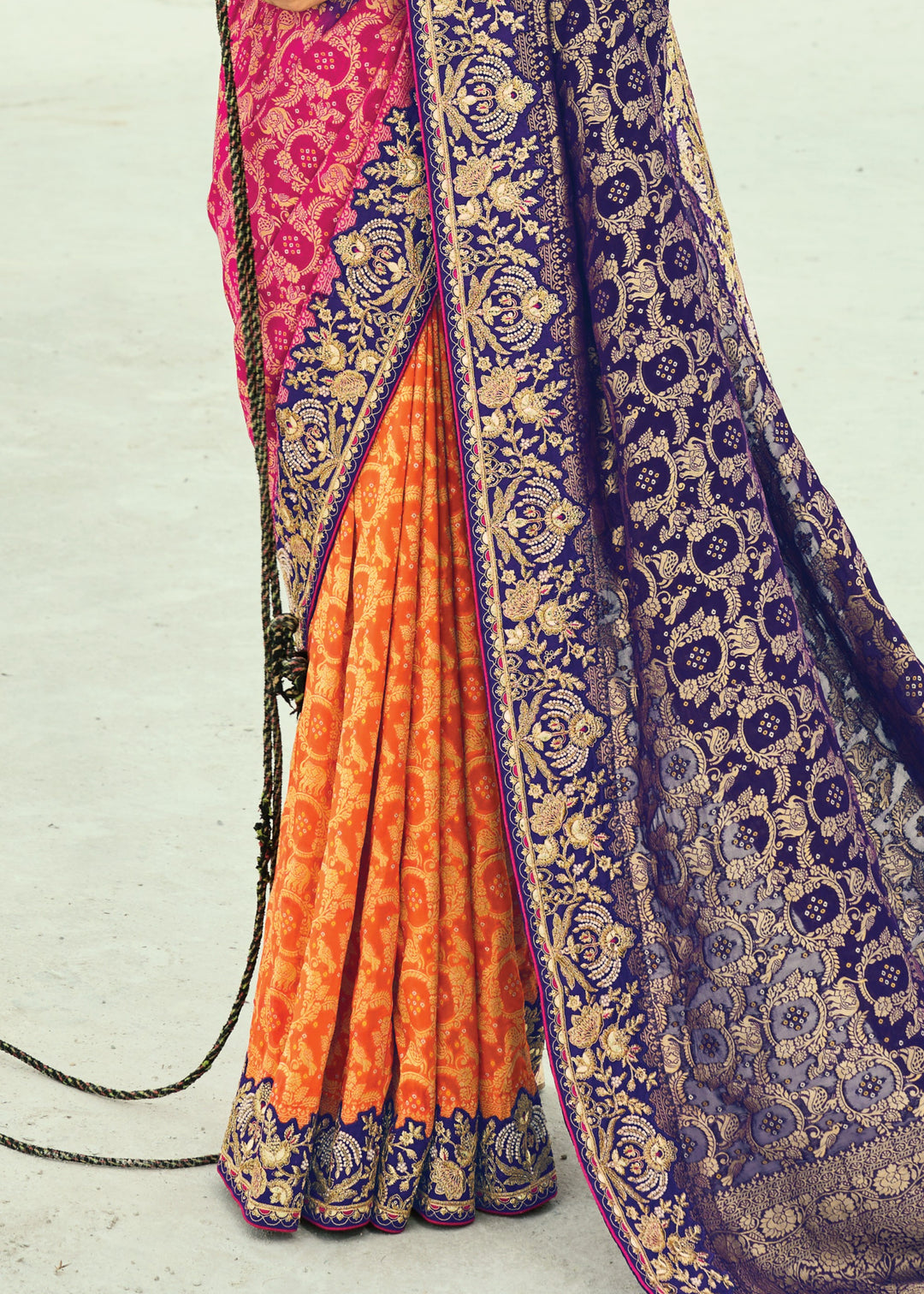 Orange & Blue Georgette Bandhej Saree With Moti & Cut-Dana Handwork Border