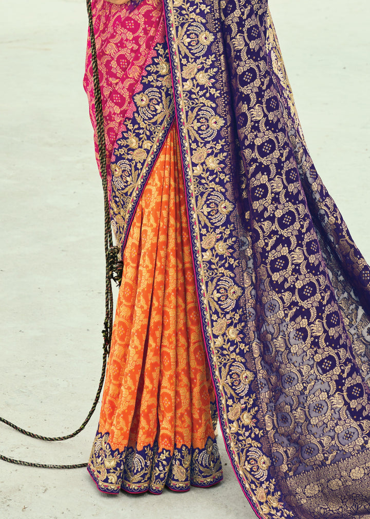Orange & Blue Georgette Bandhej Saree With Moti & Cut-Dana Handwork Border