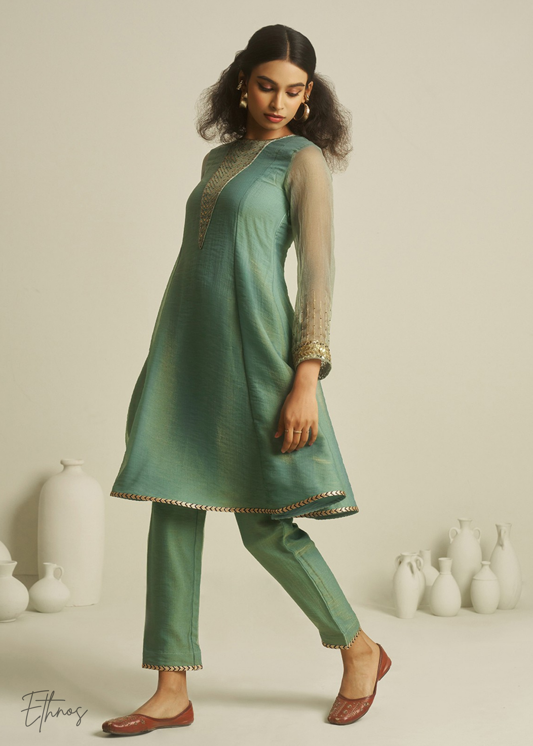 Sea Green Tissue Handwork Kurta With Pant