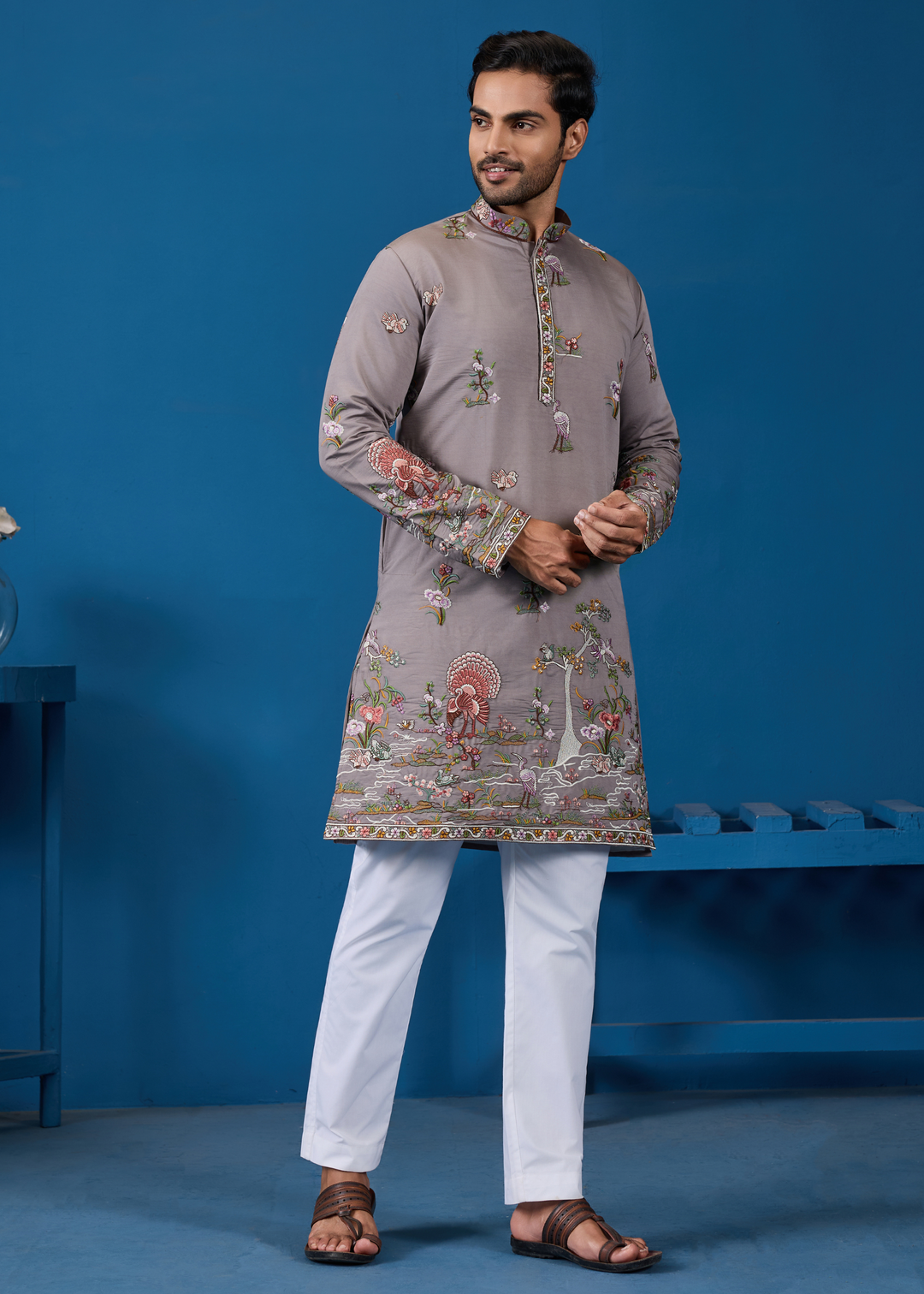 Soft Mauve Grey Mens Wear Kurta with Pant