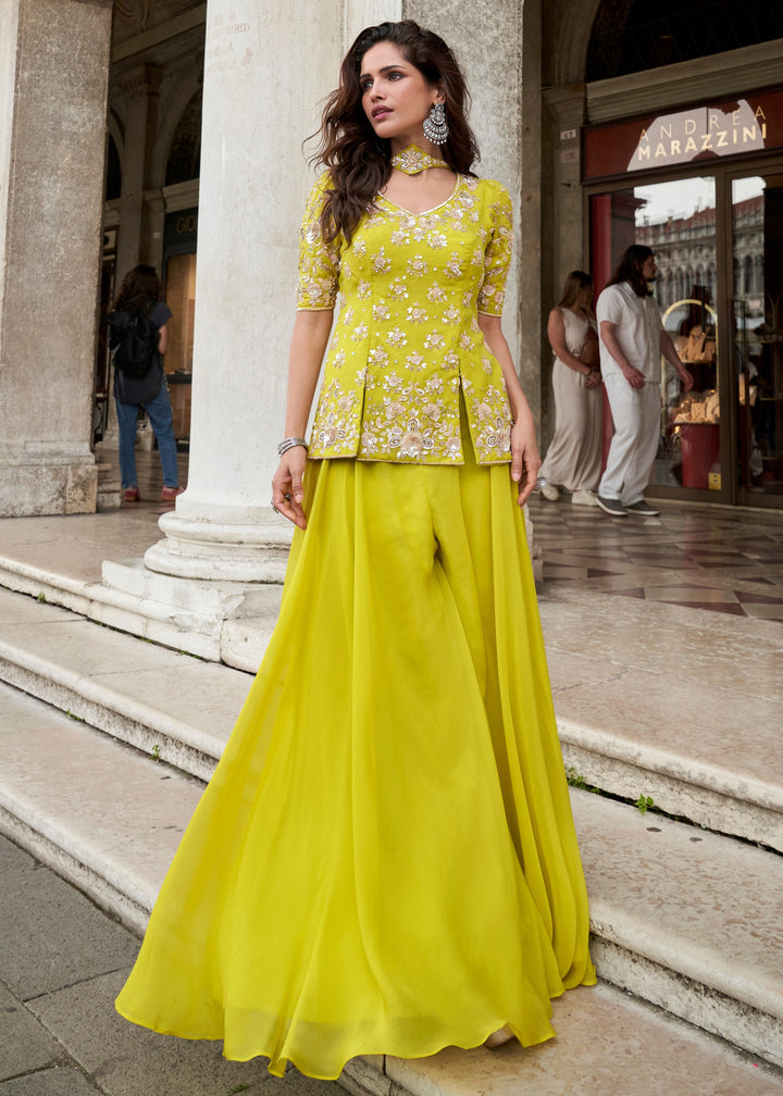 Lemon Yellow Organza Silk Palazzo Suit With Designer Dupatta