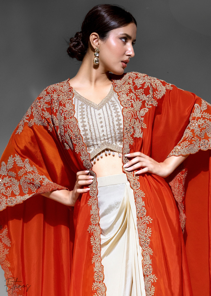 Orange Crepe Silk Skirt With Shrug