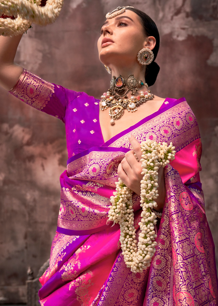 Pink & Purple Rangkaat Handloom Silk Saree