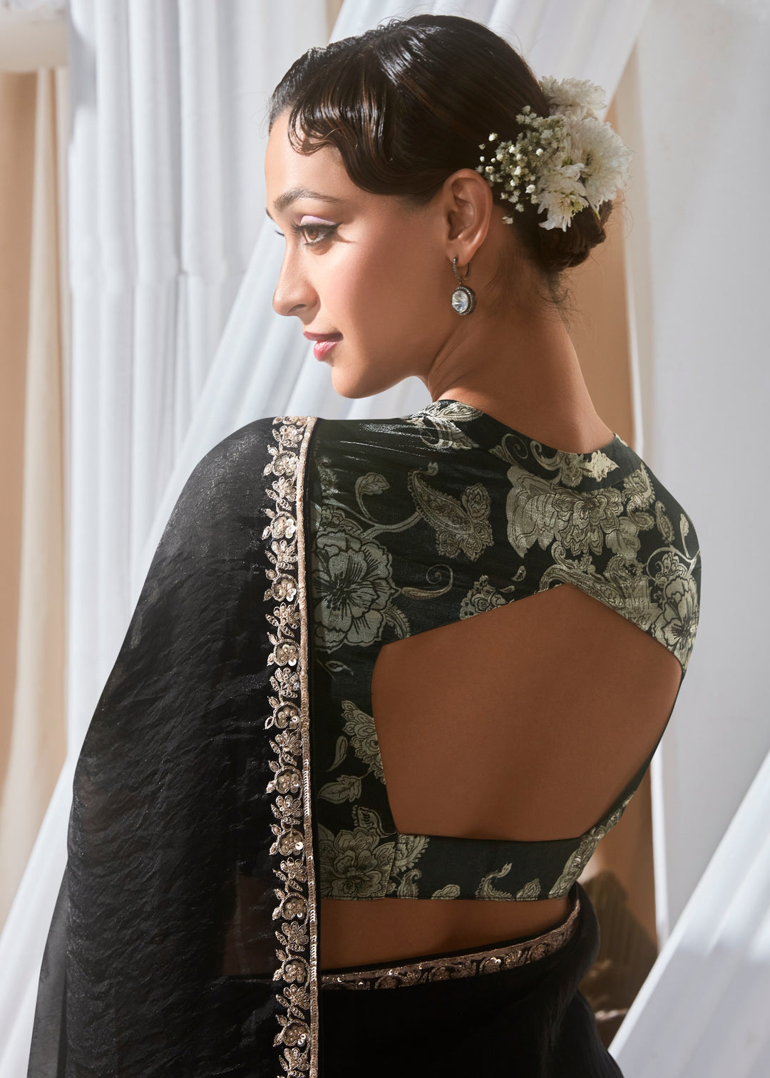 Coal Black Fancy Silk Saree With Printed Blouse